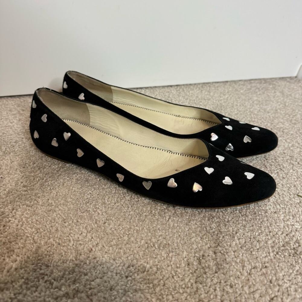 Marc Jacobs Black Suede Leather Silver Heart Round Toe Flats Size 39.5